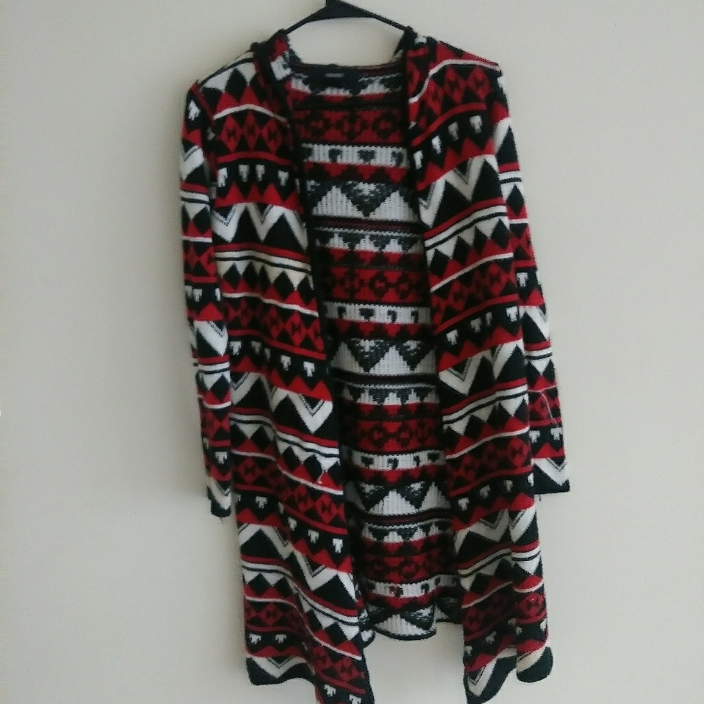 A red, black & White cardigan